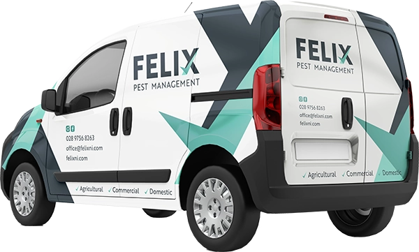 White and navy Felix Pest Management Van 